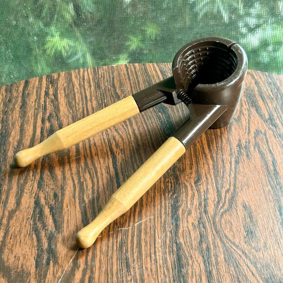 Vintage Wood Handle Nutcracker Brown Metal Spring Grip – 8” - Picture 1 of 9